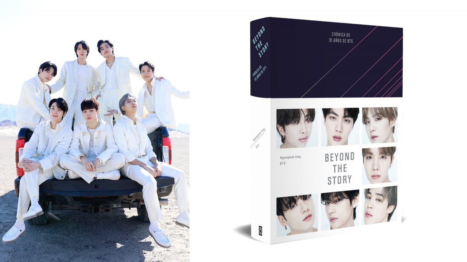 Foto de BTS y de la portada de su libro.