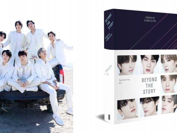 Foto de BTS y de la portada de su libro.