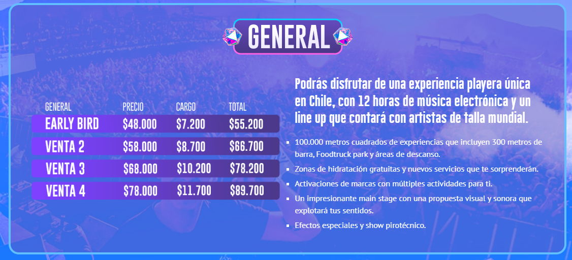 Captura de venta de entradas general Dreambeach.