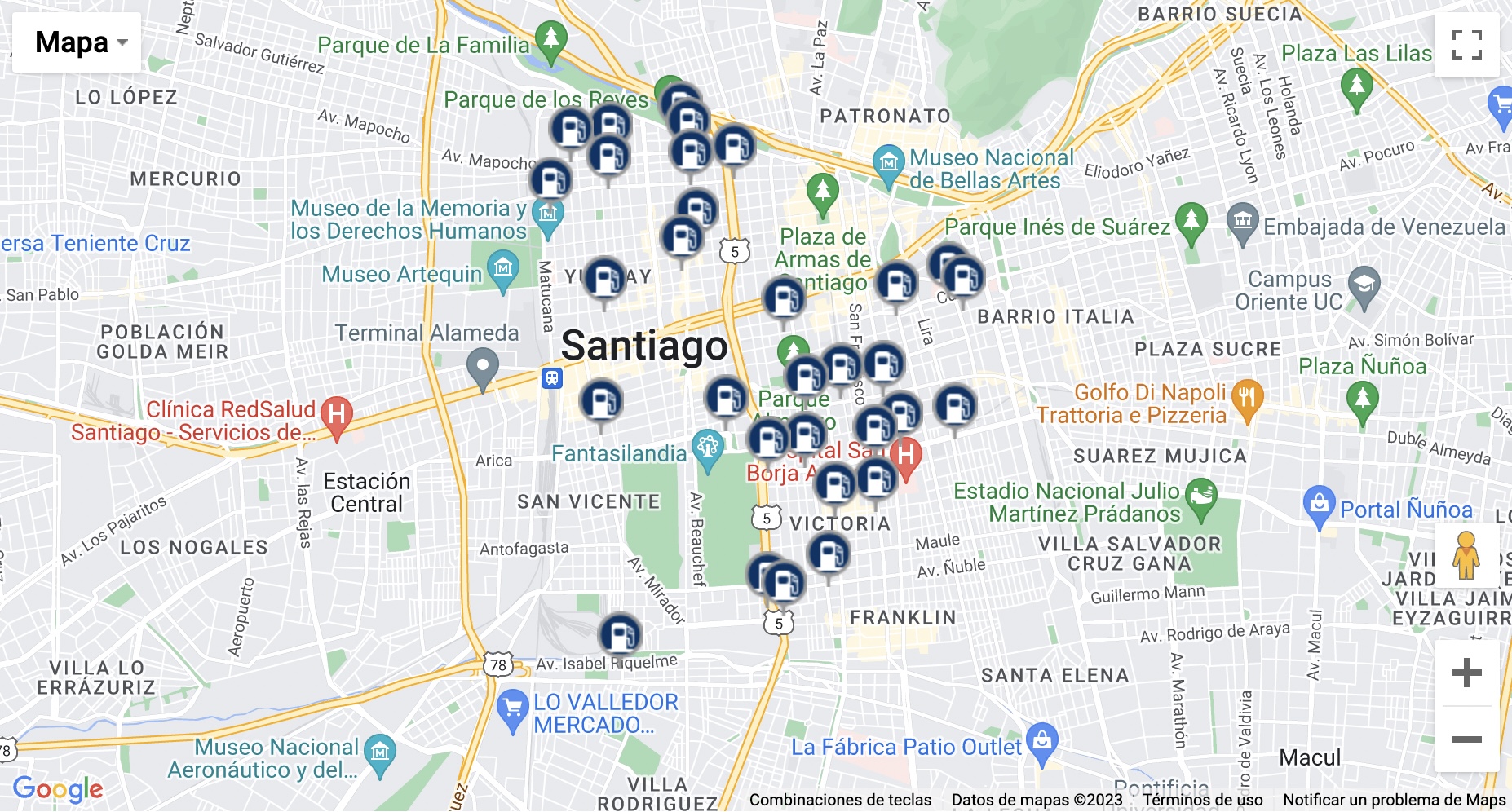 Mapa de servicentros de bencina. Bencinas en Línea. Bencina barata Santiago