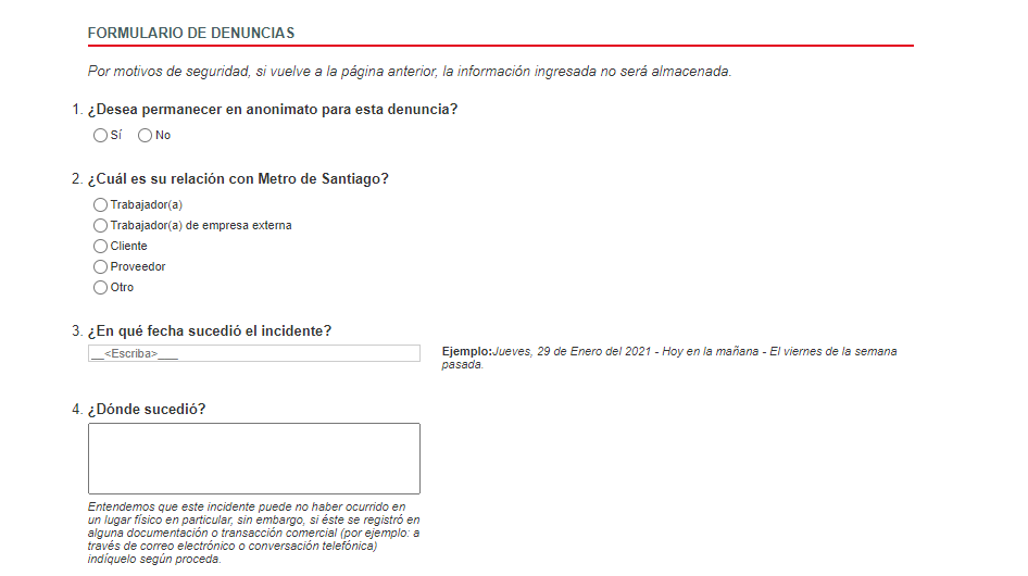 Formulario denuncia Metro de Santiago.