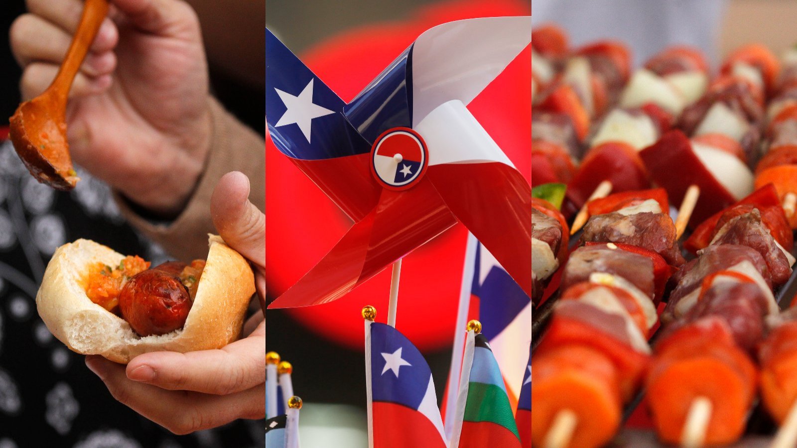 Imágenes de fiestas patrias: choripán, bandera chilena y anticuchos.