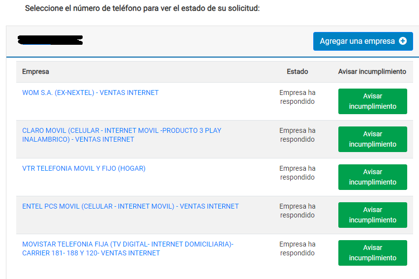 Captura de Sernac y empresas bloqueadas.