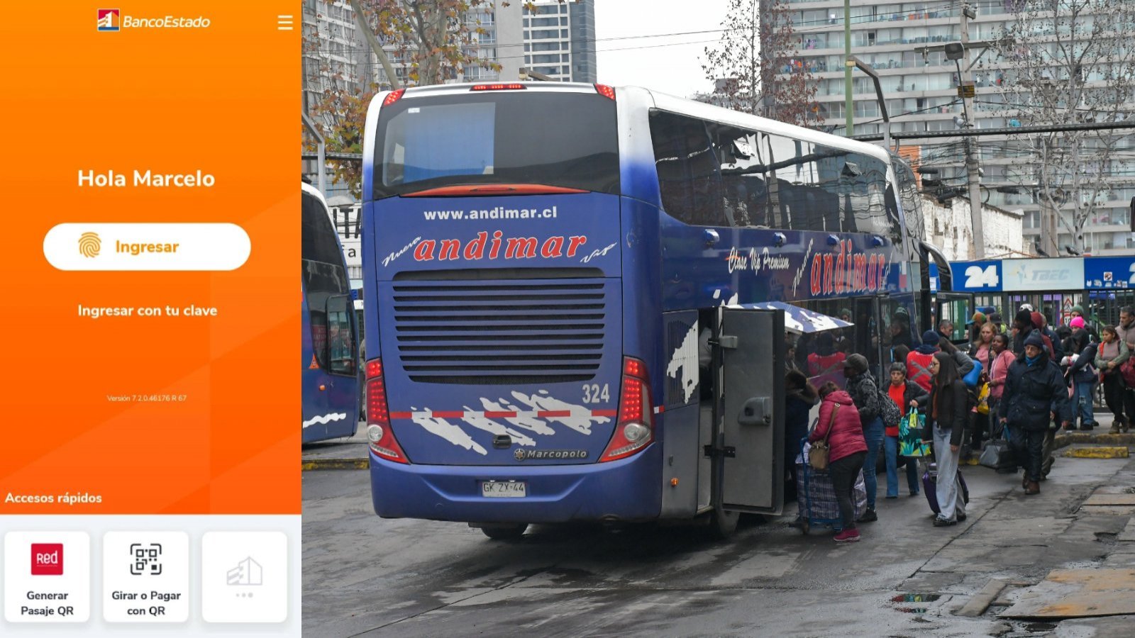 Captura de la app BancoEstado y un bus a la derecha.