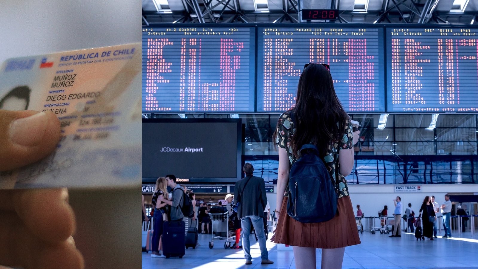 Cédula de identidad junto a una persona en un aeropuerto.