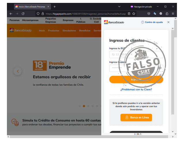 Sitio web falso. BancoEstado.