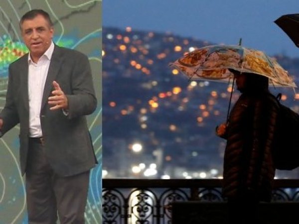 Iván Torres y personas caminando bajo la lluvia con paraguas.