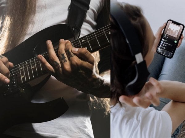 Persona tocando guitarra y otra escuchando Spotify.