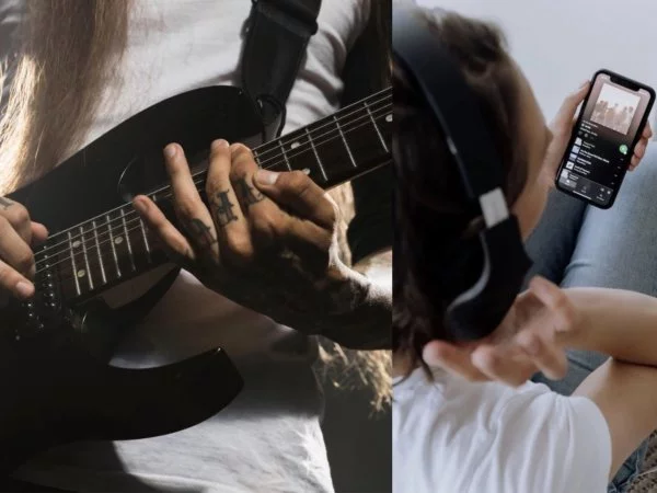 Persona tocando guitarra y otra escuchando Spotify.