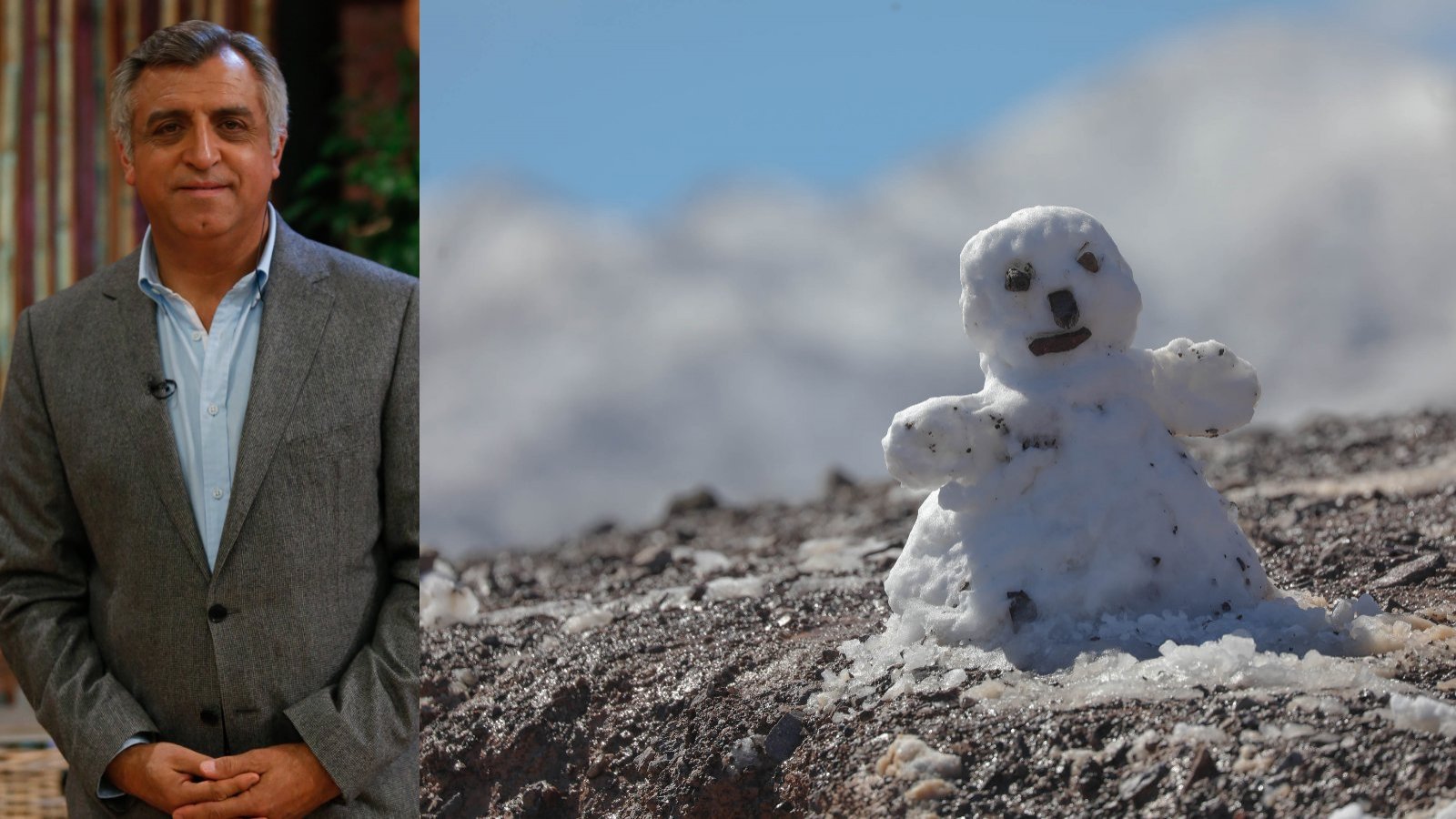 Iván Torres y a la derecha un mono de nieve.