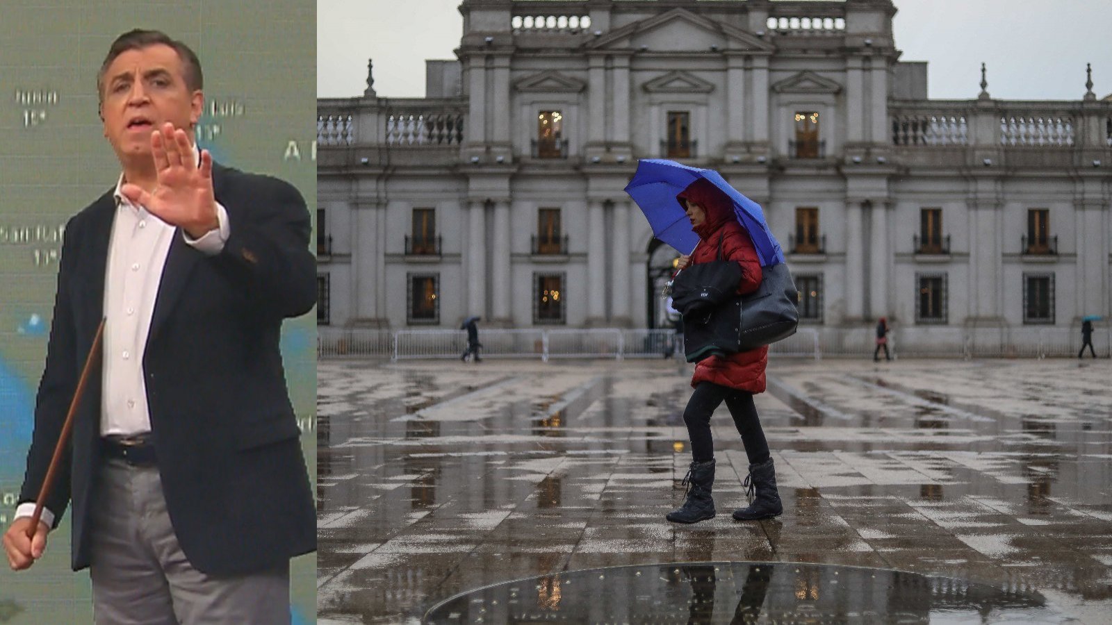 Iván Torres junto a una foto de lluvia en La Moneda.