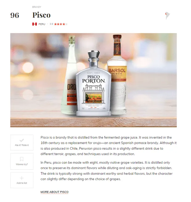 Pisco peruano en ranking.