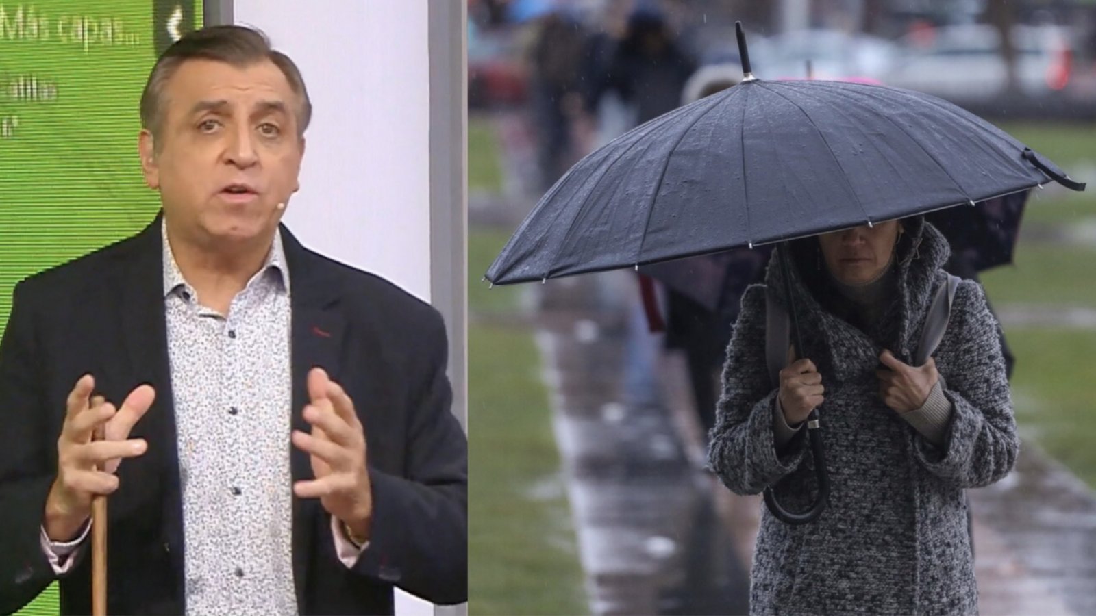 Iván Torres y persona bajo la lluvia con paraguas.