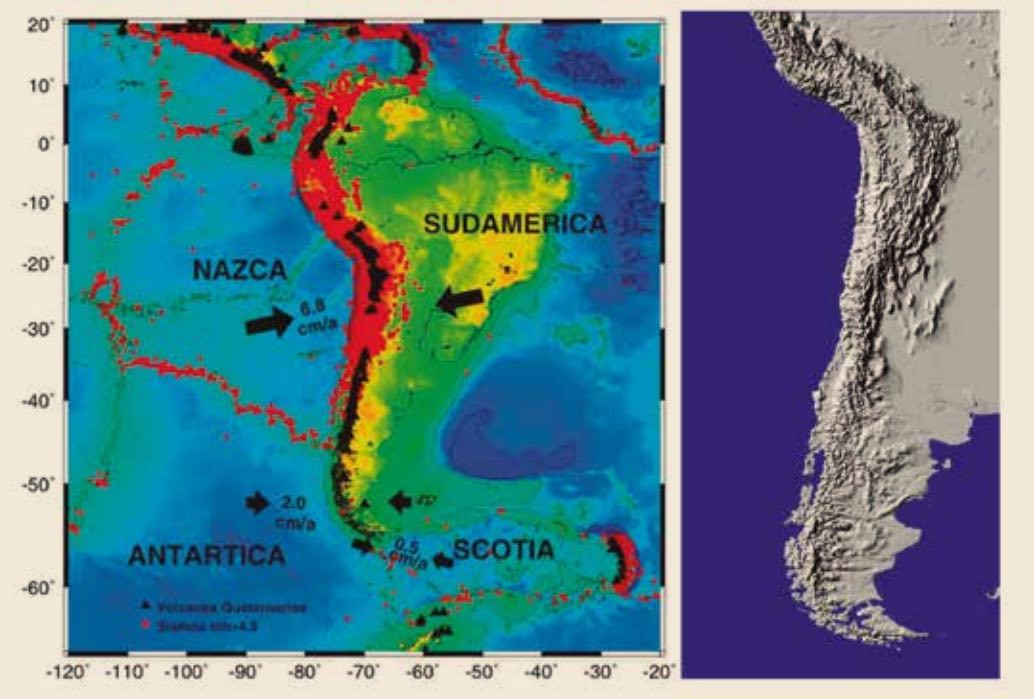 Mapa de Sudamérica con las placas tectónicas. Cinturón de fuego del Pacífico. Sismos en Chile