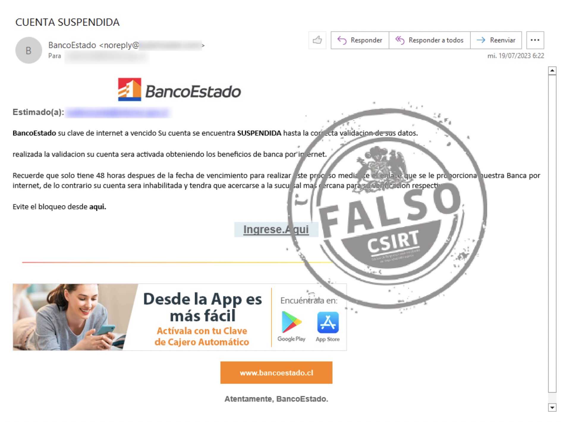 Correo falso de BancoEstado