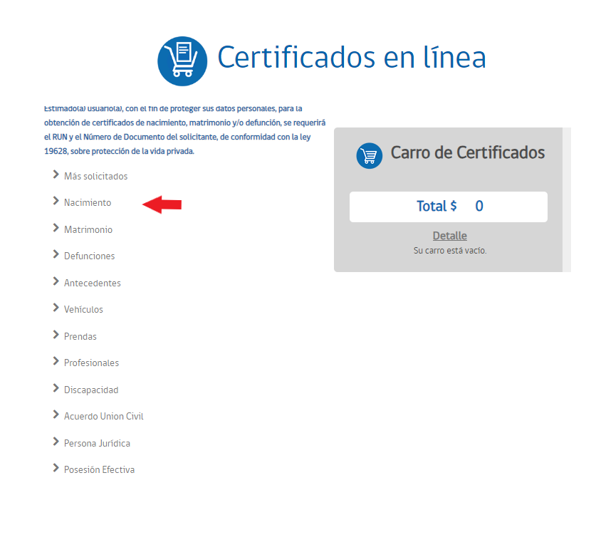 Registro Civil. Certificados en línea. Nacimiento.