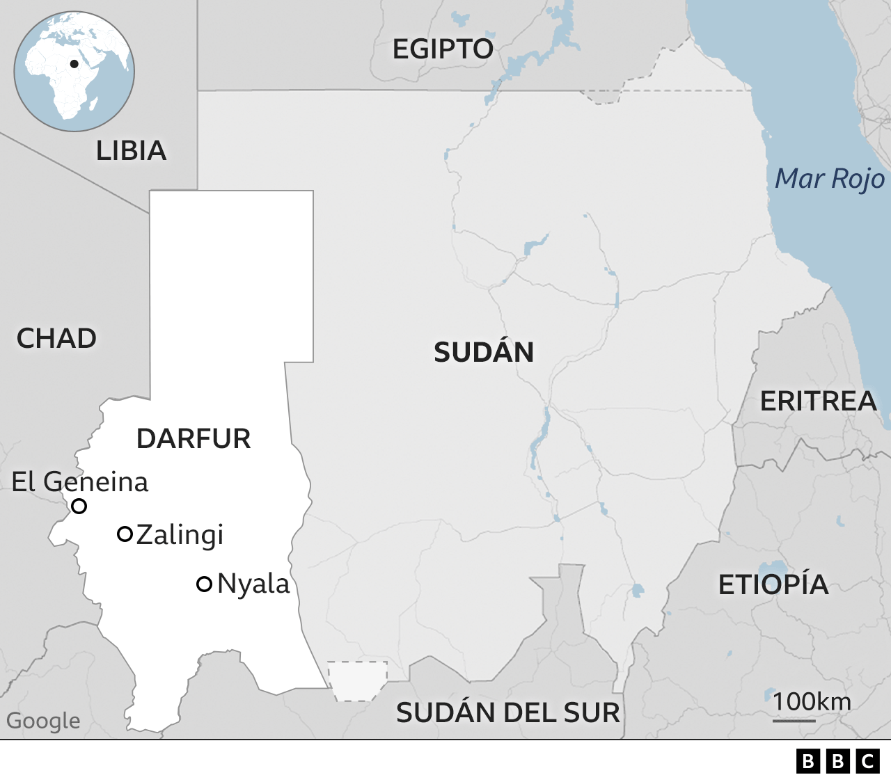 Mapa de Sudán que muestra la localización de El Geneina y otras ciudades