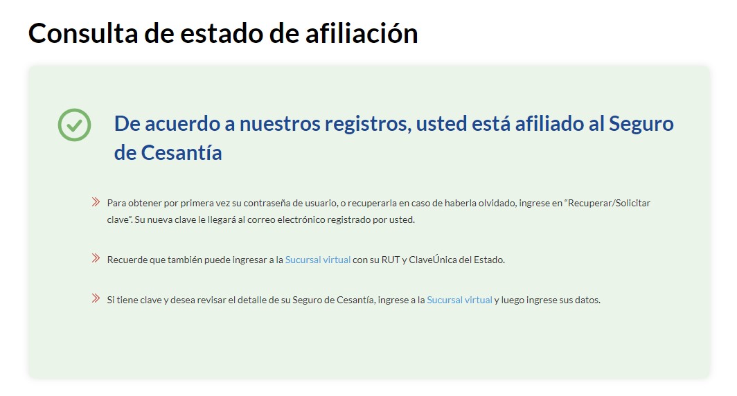 Seguro de Cesantía. Respuesta de afiliación. 