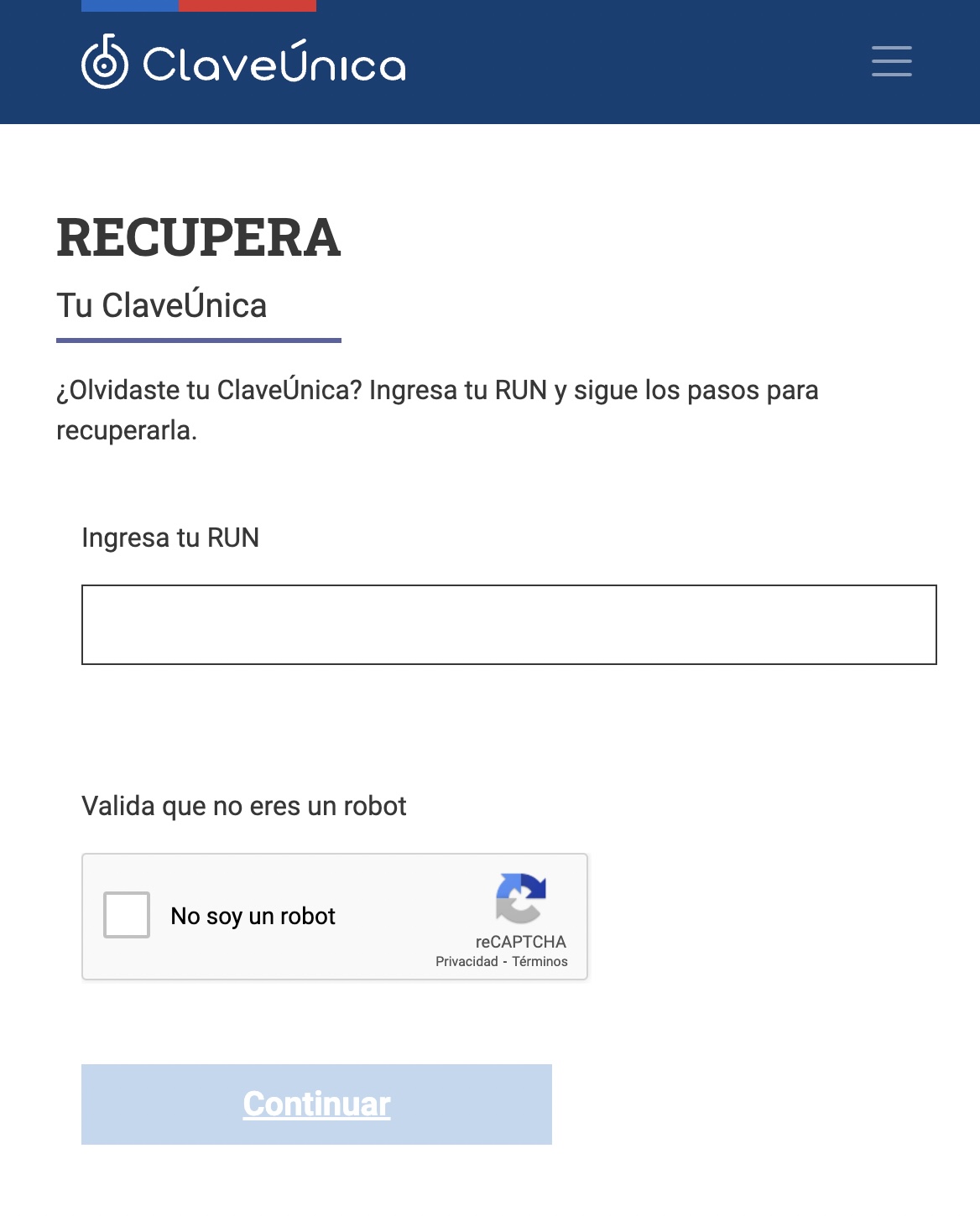 Captura de la sección de recuperación de ClaveÚnica