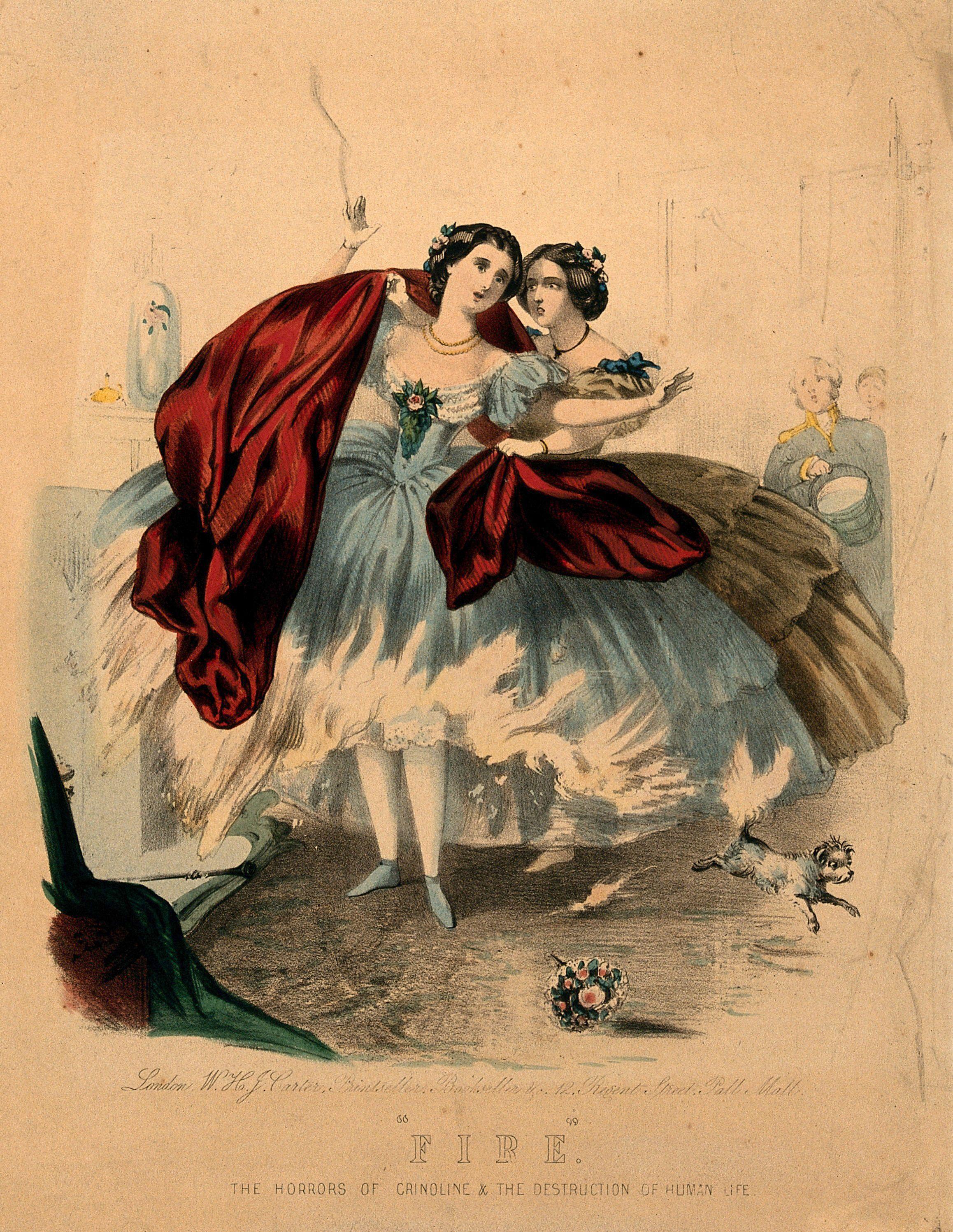 Mujeres con crinolinas que son incendiadas por las llamas de una chimenea doméstica. Litografía coloreada, ca. 1860.
