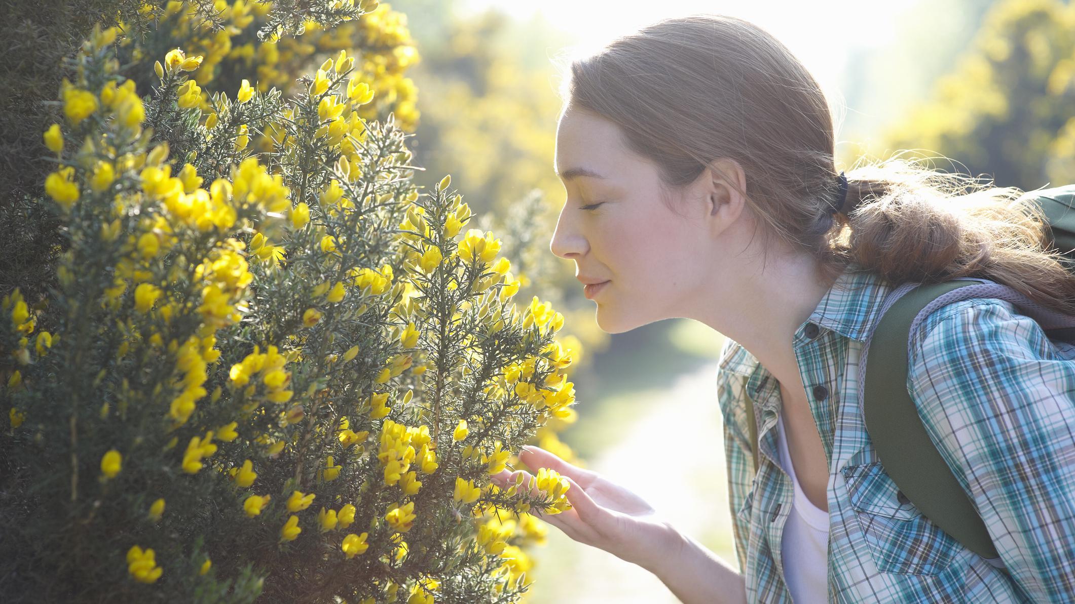 Mujer oliendo flores 