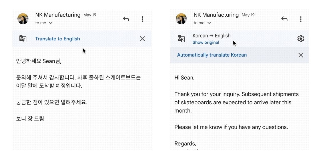 Gmail traduciendo un correo electrónico.