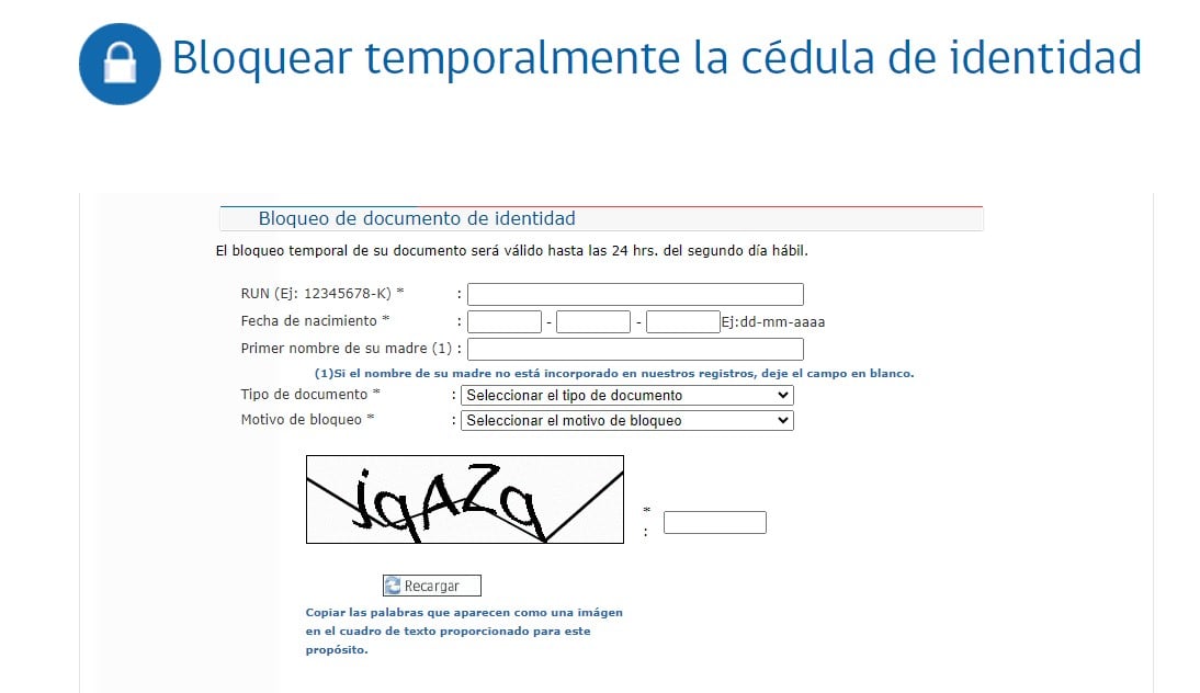 Bloquear carnet. Registro Civil. 