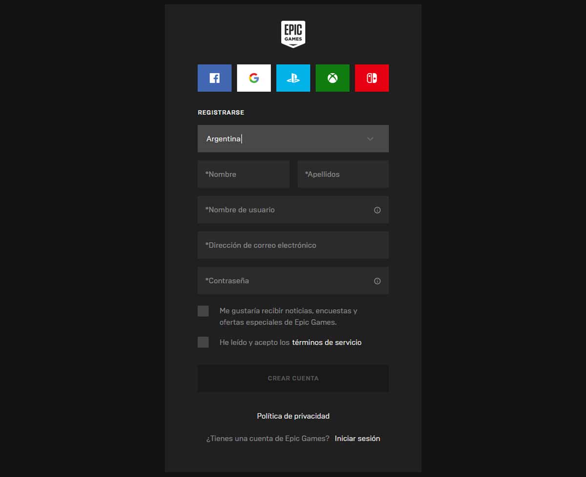 Crear una cuenta de Epic Games