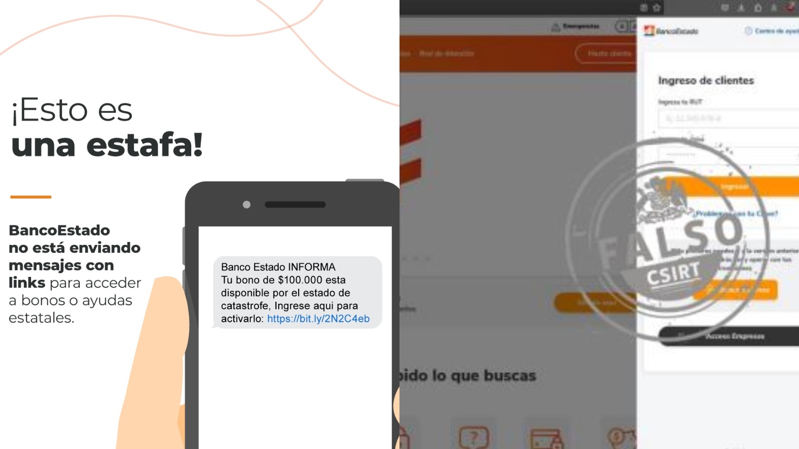 Capturas de intentos de estafa con sitios fraudulentos de BancoEstado