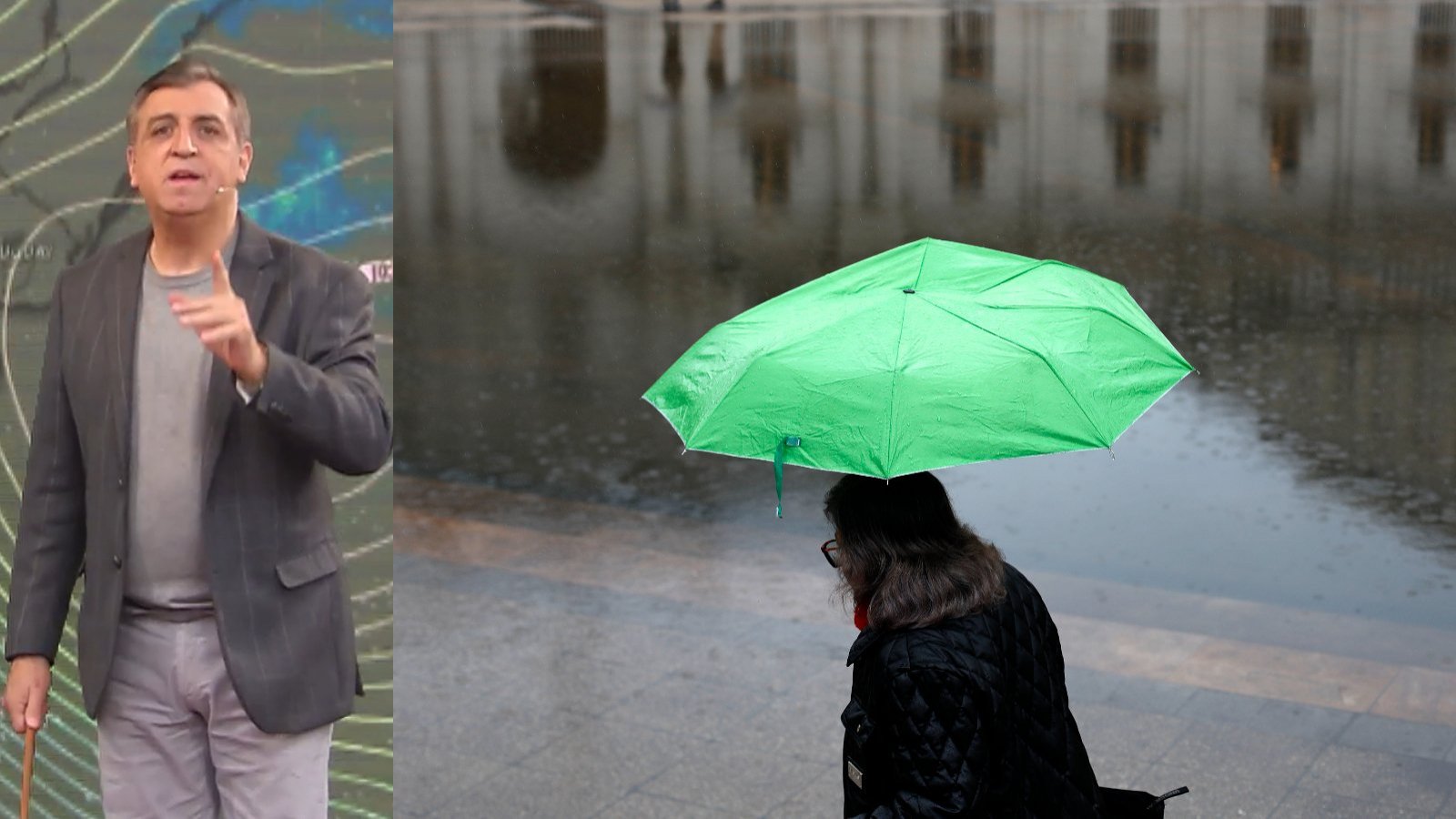 Persona con paraguas bajo la lluvia en Santiago. Iván Torres.