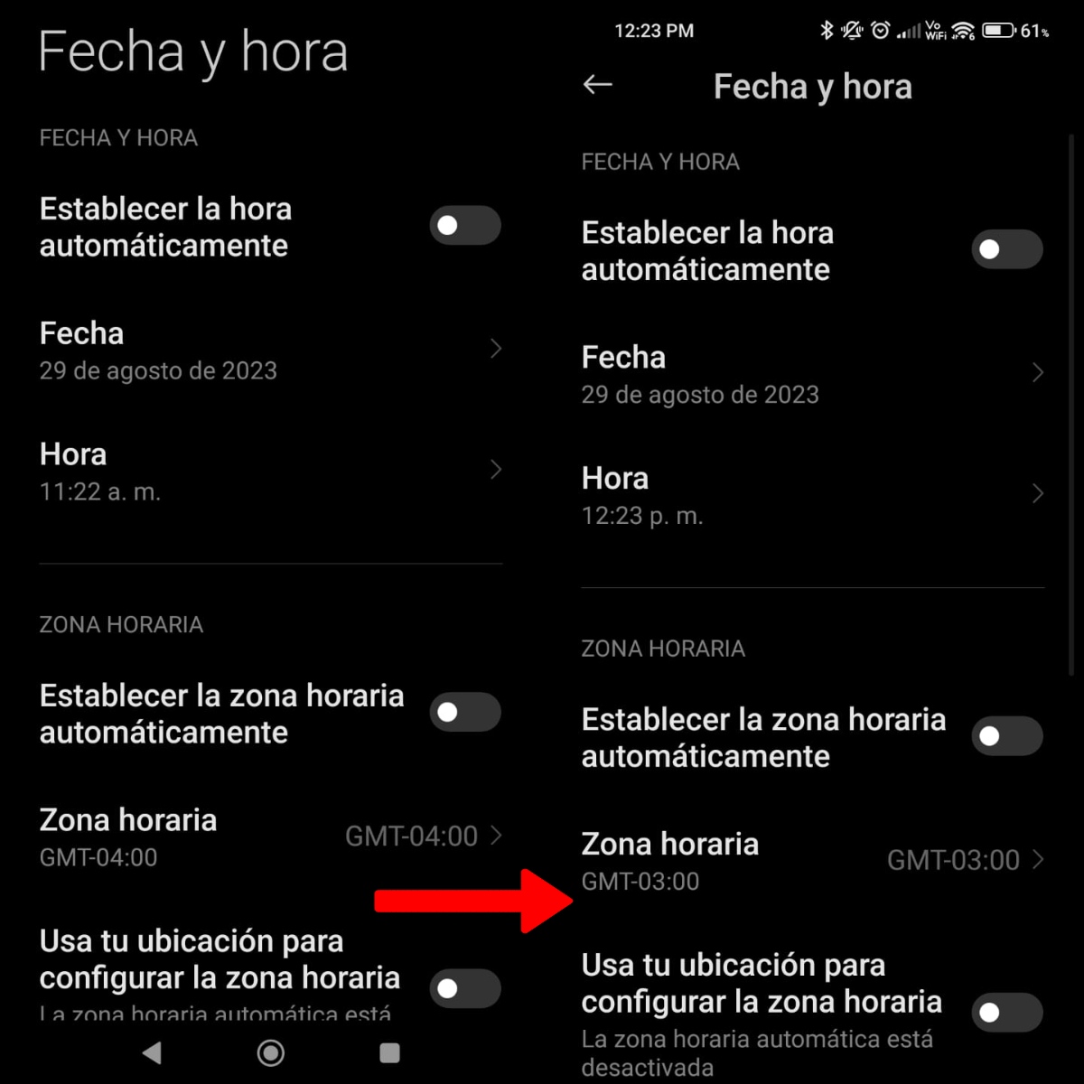 Cambio de hora en Android