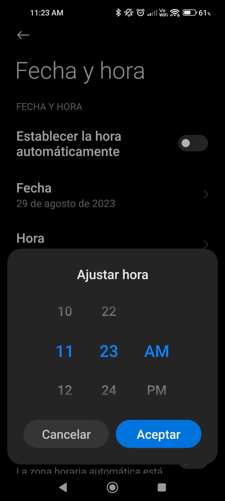 Cambio de hora manual en Android