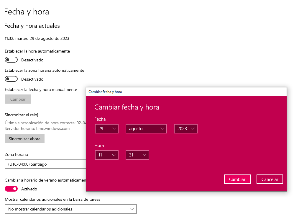 Cambio de hora manual en Windows