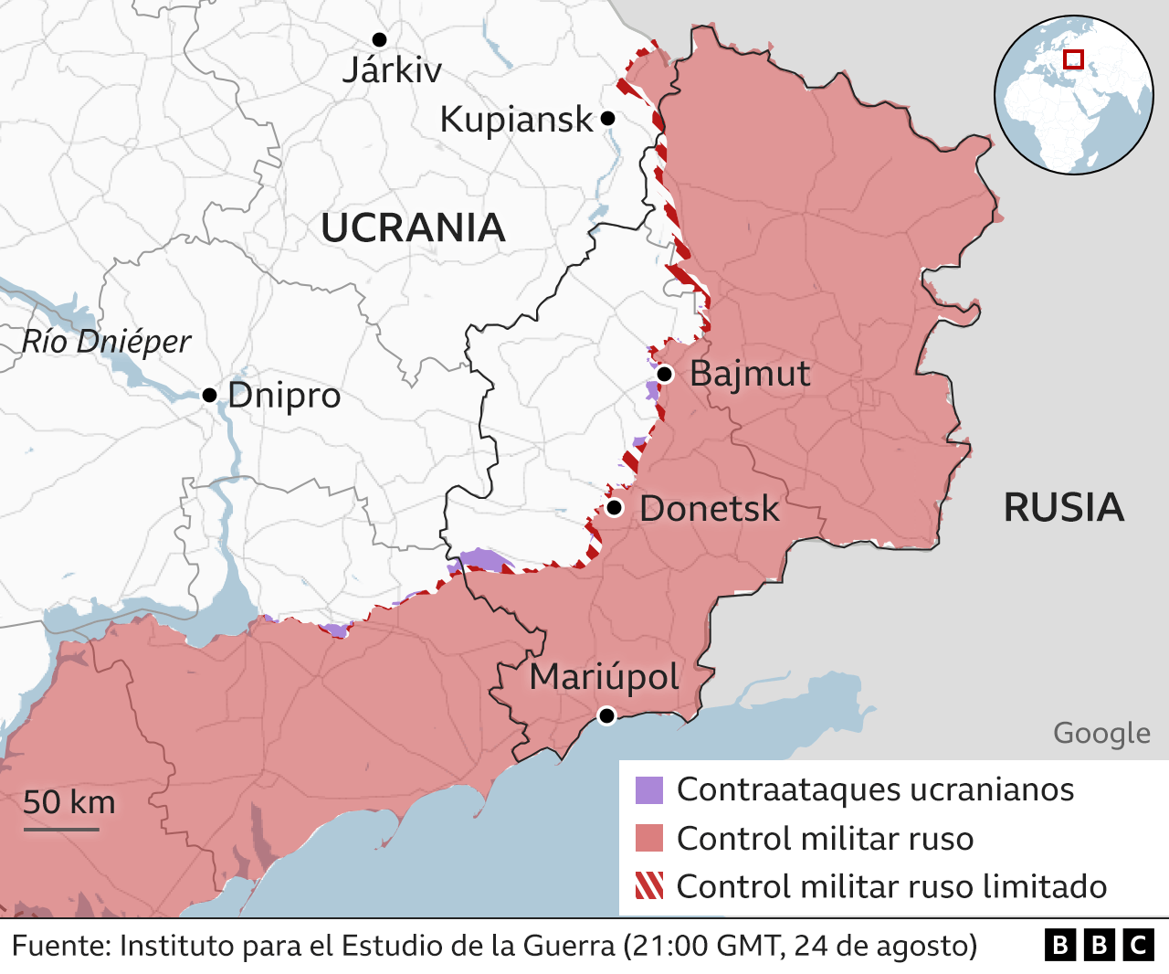 Un mapa del frente oriental y sur de Ucrania.