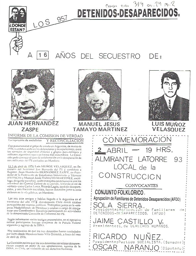Afiche Agrupación de Familiares de Detenidos Desaparecidos (1992) - Archivo Nacional. Día de los detenidos desaparecidos