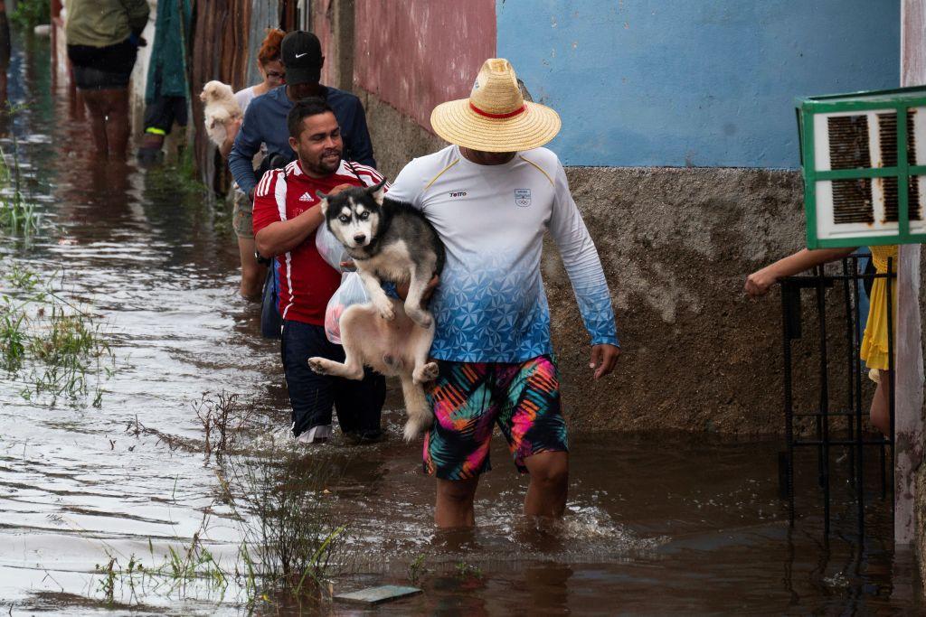 Un hombre carga un perro mientras camina por una calle inundada en Batabanó, provincia de Mayabeque, Cuba durante el paso de Idalia.