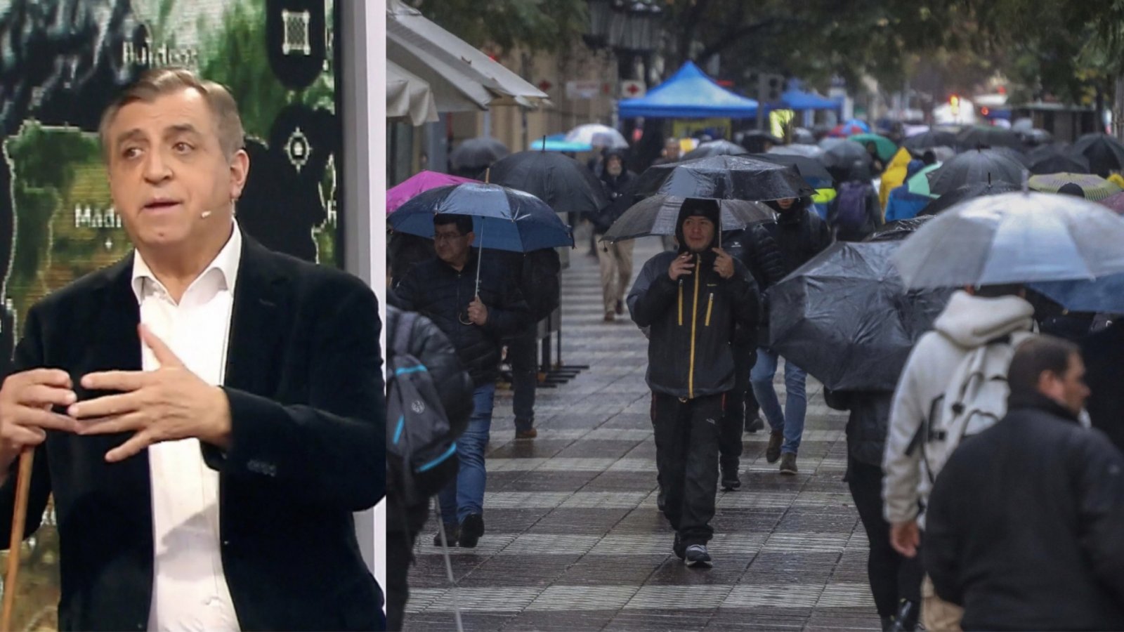 Iván Torres y lluvia en Santiago. Personas bajo la lluvia.