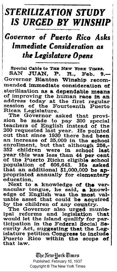 Recorte de The New York Times que habla del gobernador Blanton C. Winship.