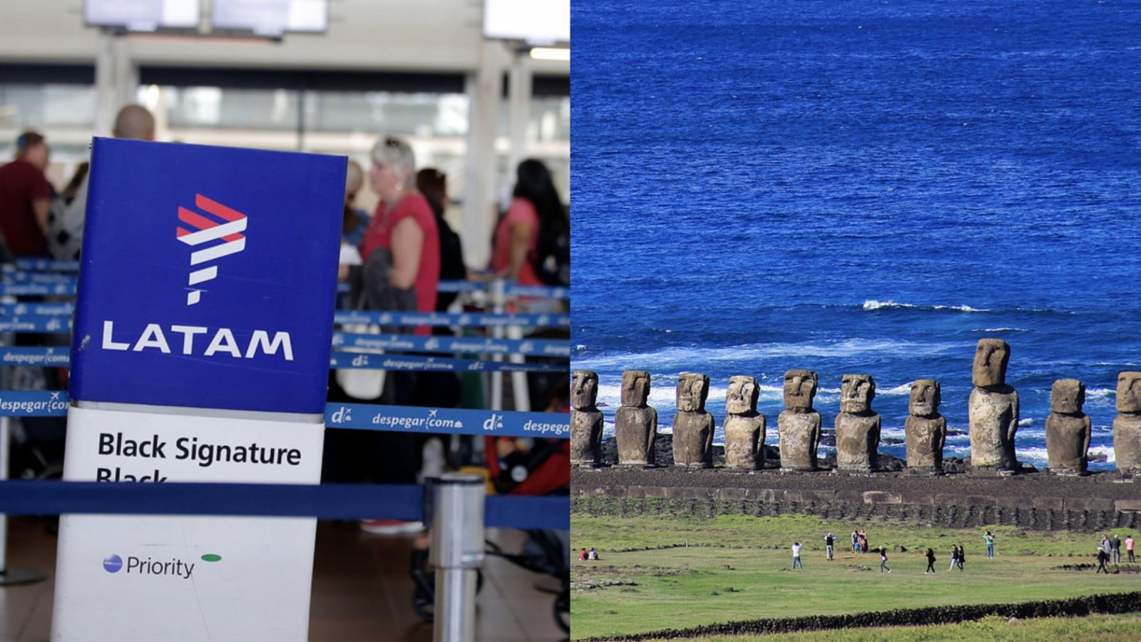 Fila de LATAM en aeropuerto y moais de Rapa Nui.