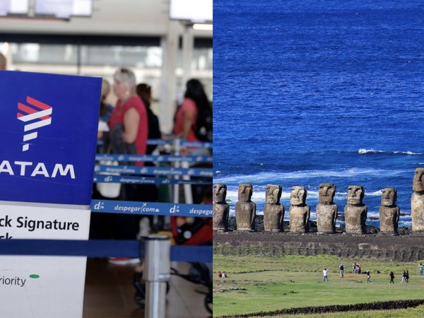 Fila de LATAM en aeropuerto y moais de Rapa Nui.