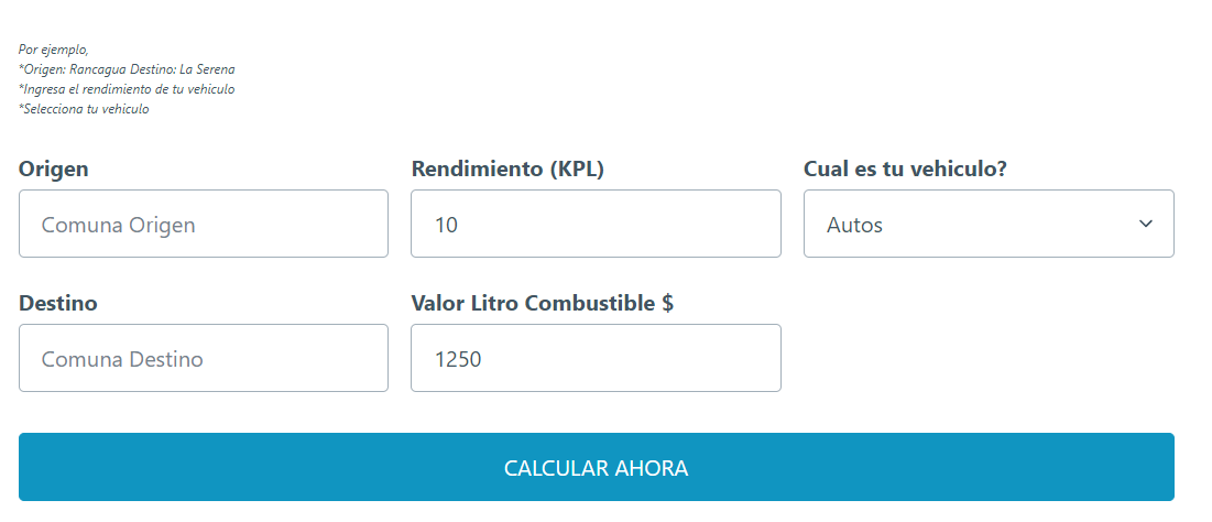 Página para calcular costo de viajes en auto