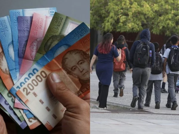 Mano con billetes. Escolares en el colegio. Bono Logro Escolar