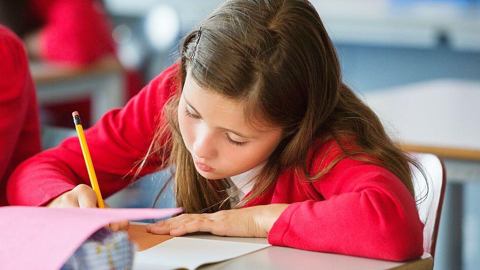 Niña escribiendo en su cuaderno en la clase