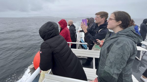A group of people take part in a boat tour around the Celtic Sea, organized to introduce a project that uses AI to protect cetaceans along the coasts of Ireland