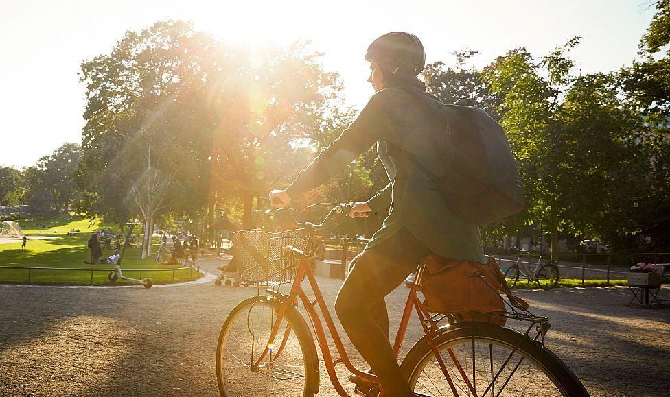 Joven en bicicleta y otras personas en un parque