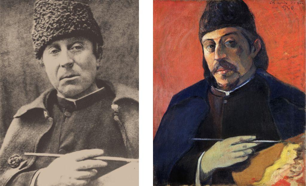 Foto y autorretrato de Paul Gauguin con paleta y pincel