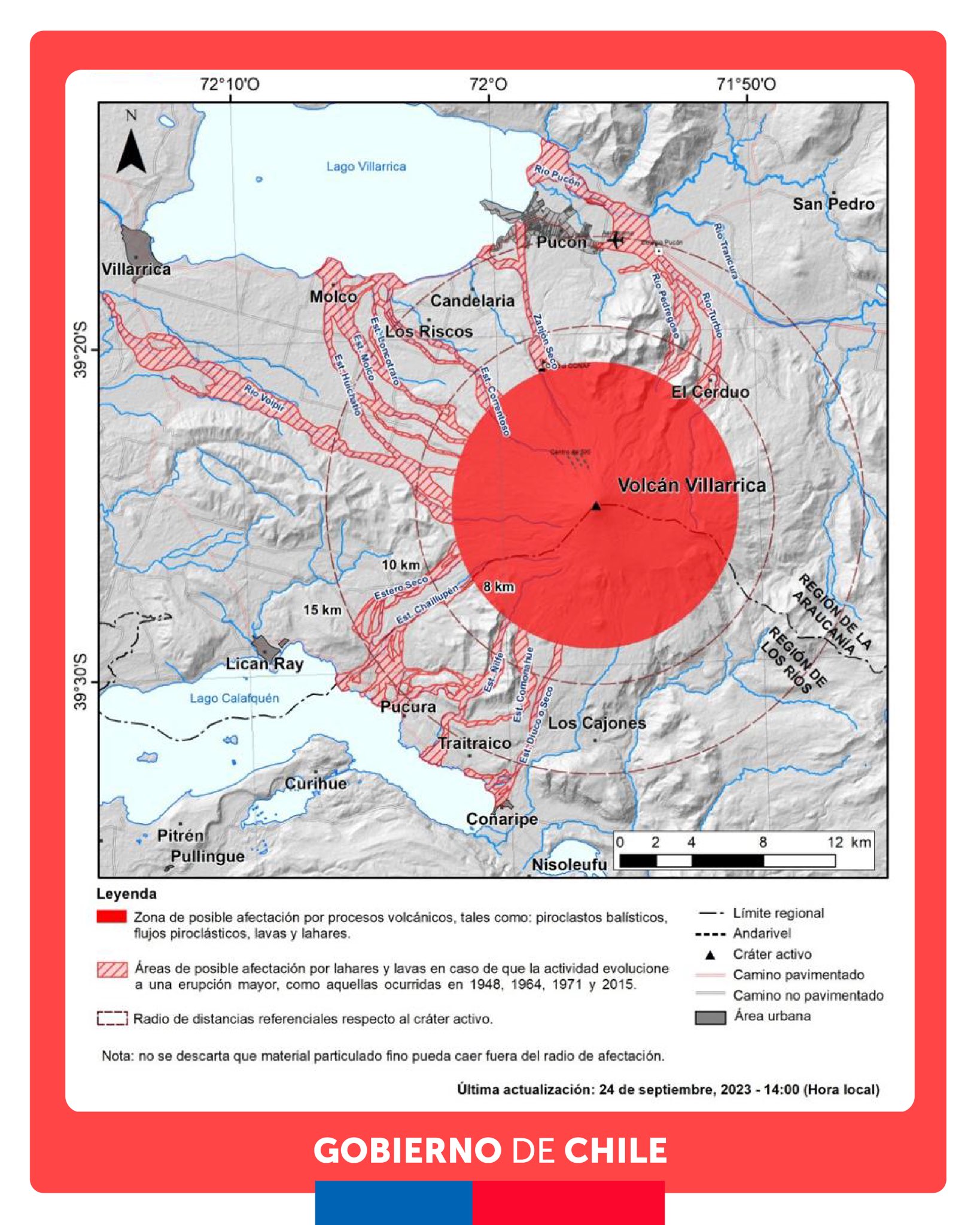 Mapa con zonas de afectación del volcán Villarrica (Sernageomin).