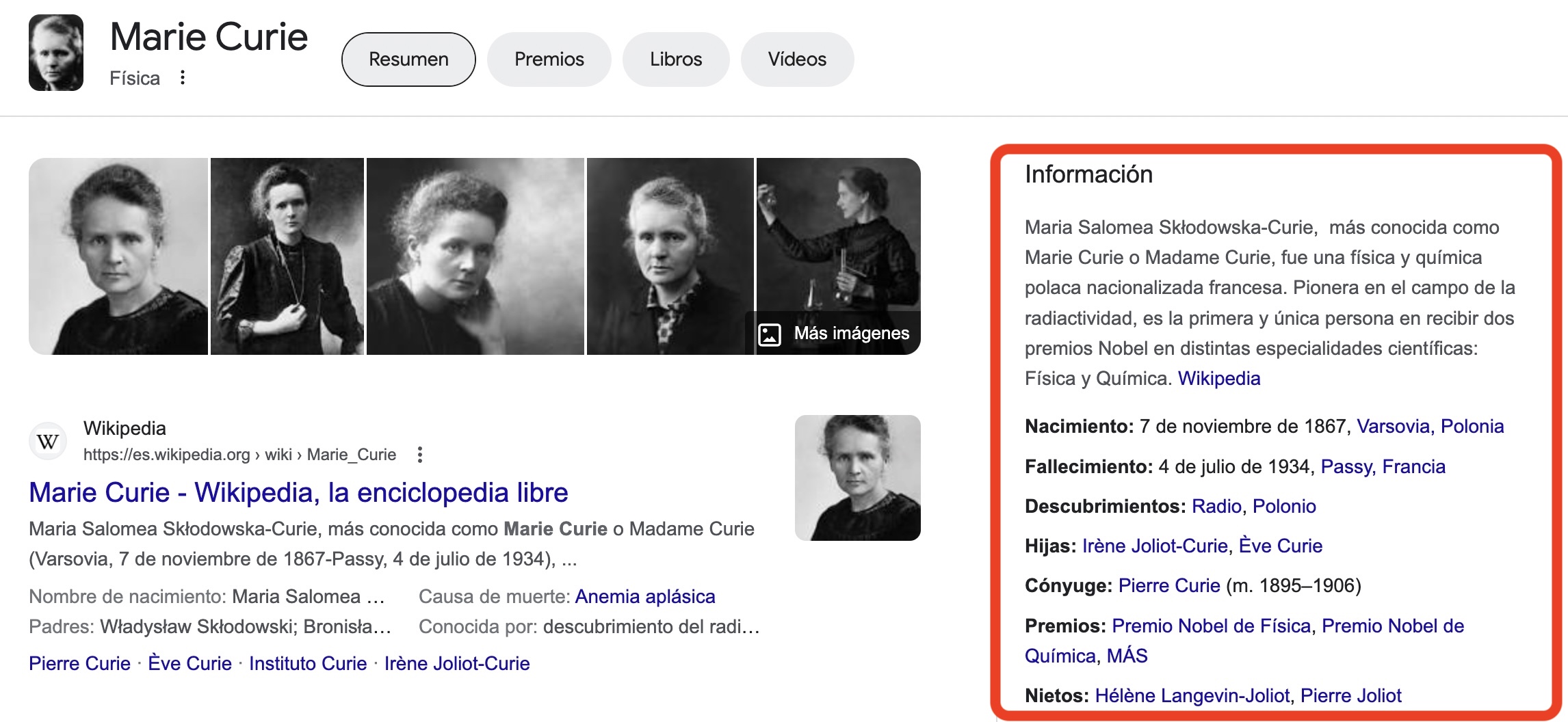 Google Knowledge Graph Marie Curie