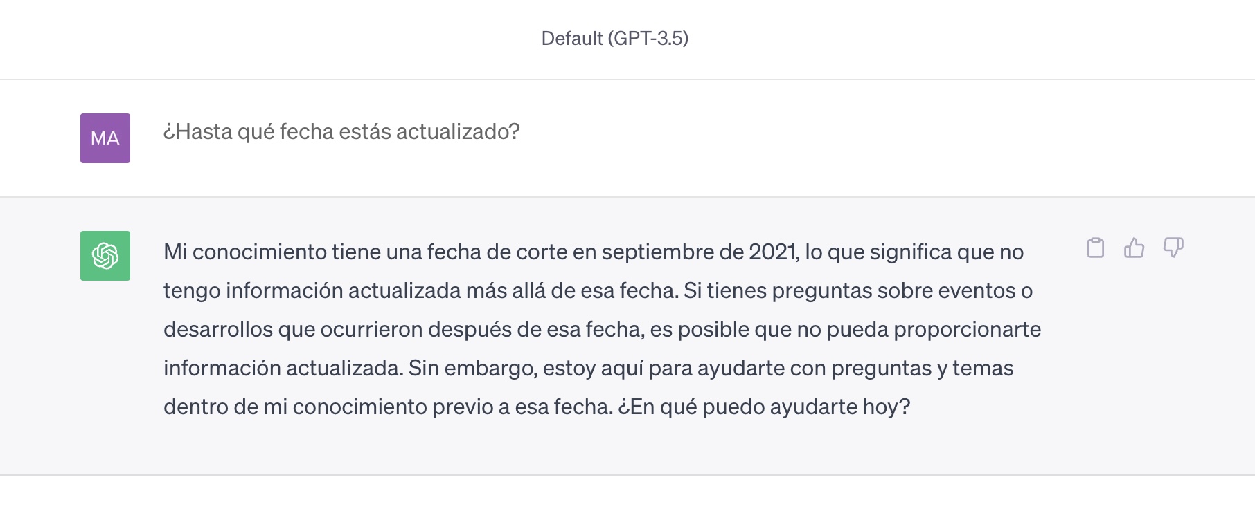 Conversación con ChatGPT sobre fechas de información