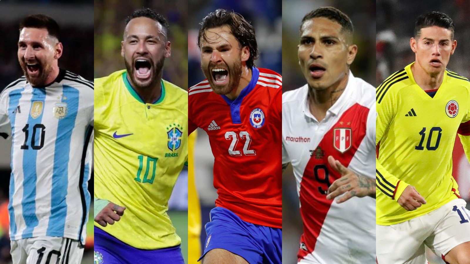 Lionel Messi, Neymar Jr, Ben Brereton, Paolo Guerrero y James Rodríguez jugando por sus selecciones